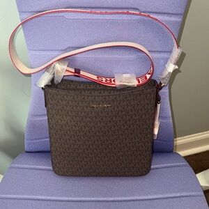 Michael Kors Dark Brown Crossbody Bag with Red Strap